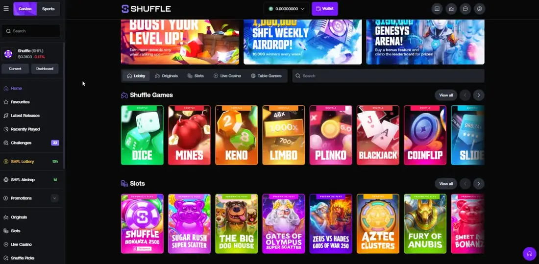Shuffle casino lobby showing Shuffle Originals and slot game categories