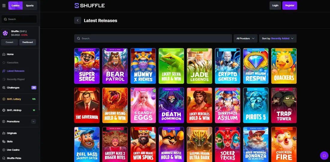 Shuffle Latest Releases page showing the game grid and filter controls