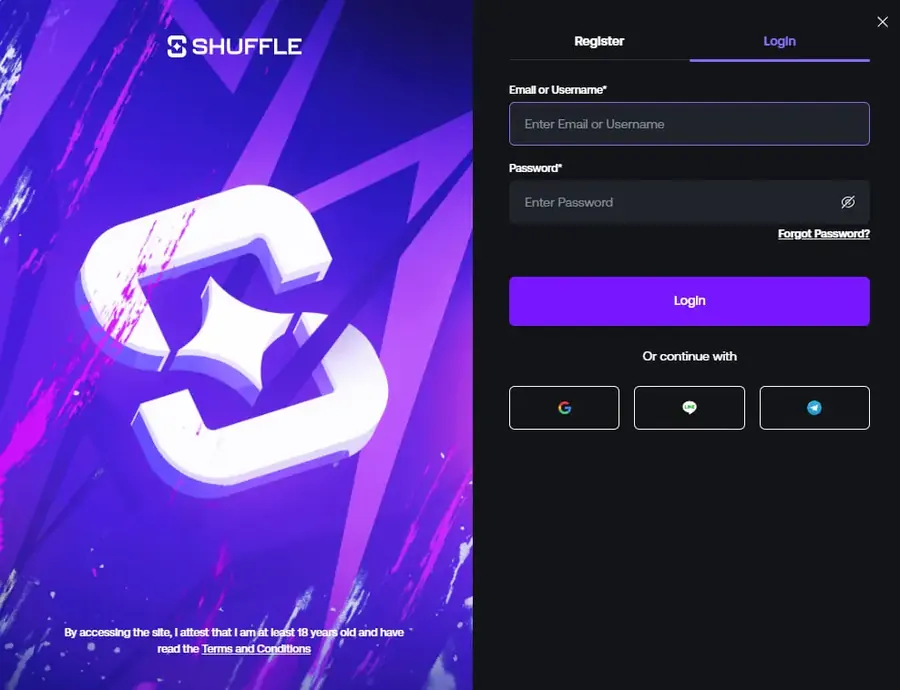 Shuffle login panel with email or username and password fields and social sign-in options