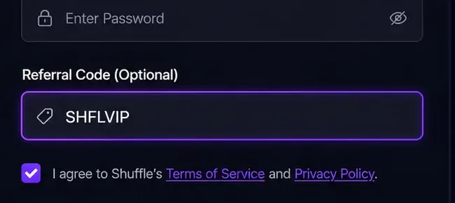 Close-up of the Shuffle Referral Code field filled in with SHFLVIP above the terms checkbox