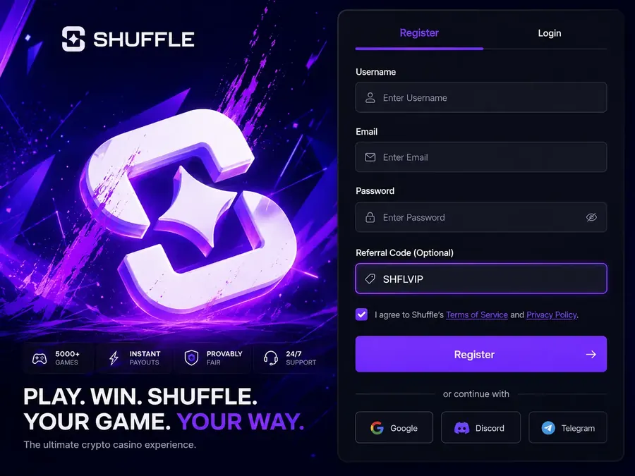 Shuffle registration form showing referral code SHFLVIP