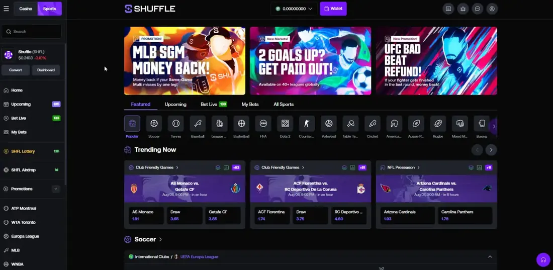 Shuffle sportsbook interface with featured leagues and upcoming matches